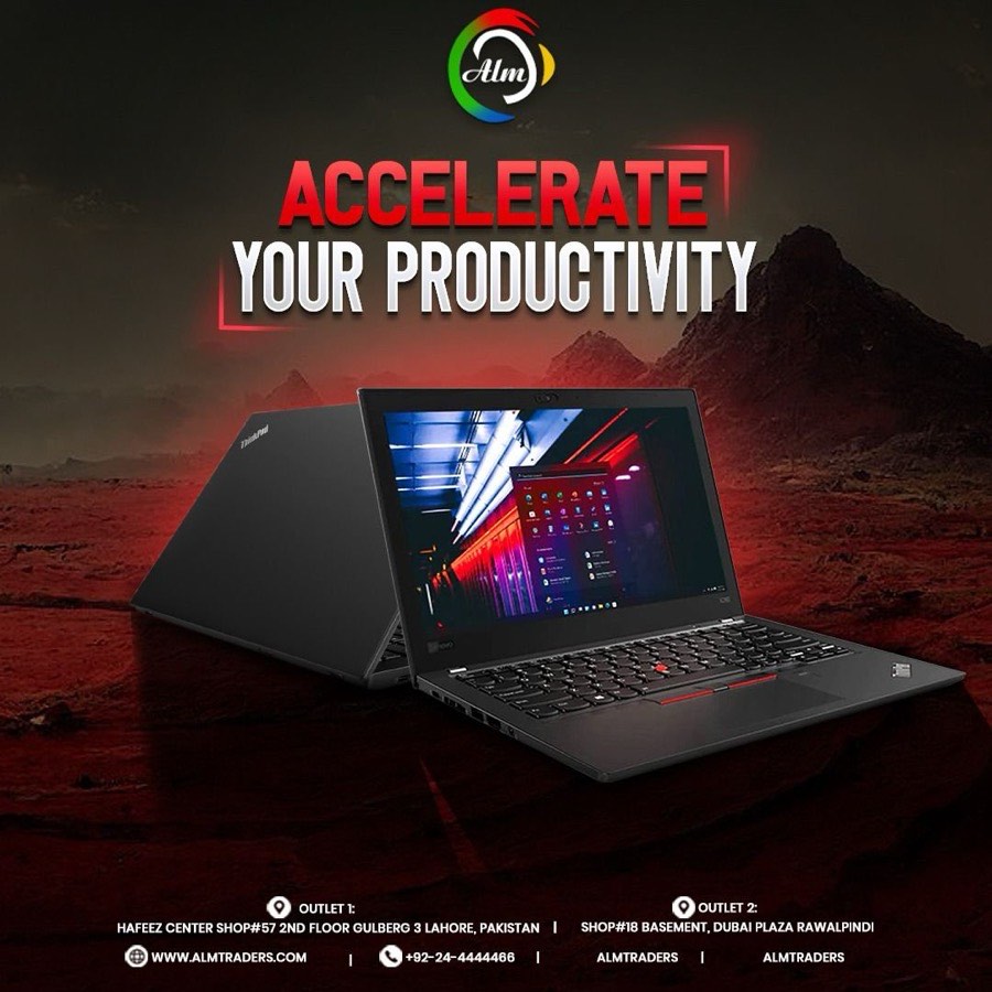 ALM Traders retail campaign artwork featuring a ThinkPad laptop