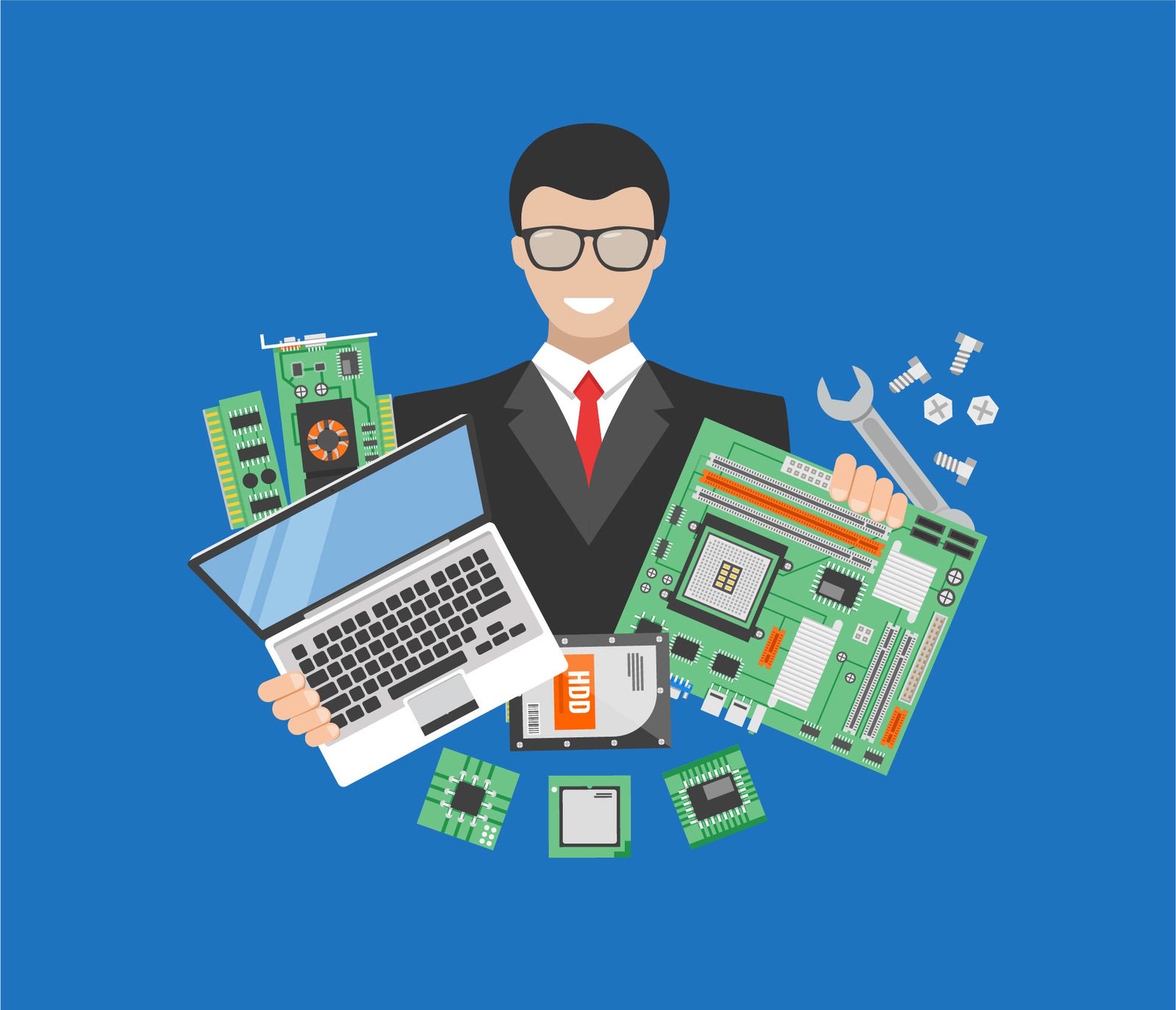 ALMTECH IT hardware specialists holding a laptop, motherboard and components